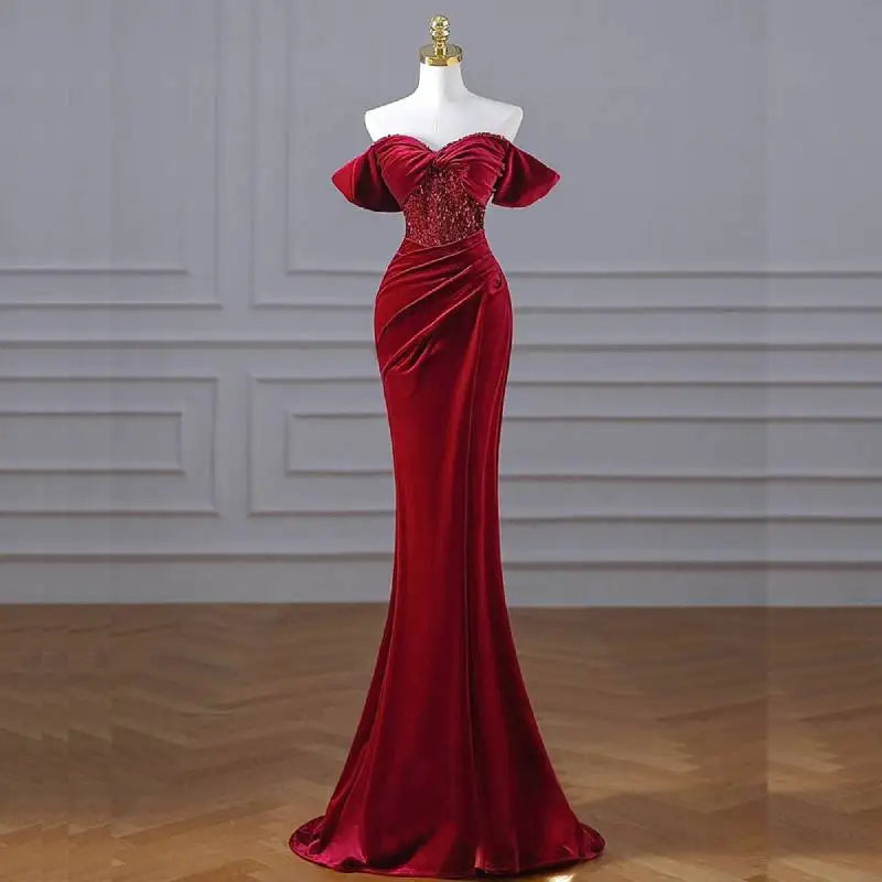 High Quality Christmas Red Floor Length Pearl Sequin Mermaid Evening Party Dress Off Shoulder Satin Formal Gown Gala Dresses