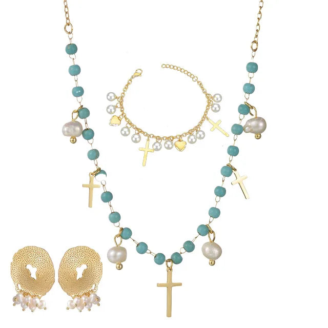 Fashion Bohemia Jewelry Set 18K Gold Plated Pearl Cross Necklace Pendant With Multi Star Charm Chain Stainless Steel Necklace