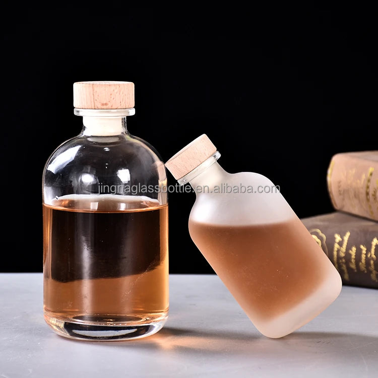 250ml 500ml Clear Frost Empty Glass Wine Vodka Bottles with Wooden Cork Cap