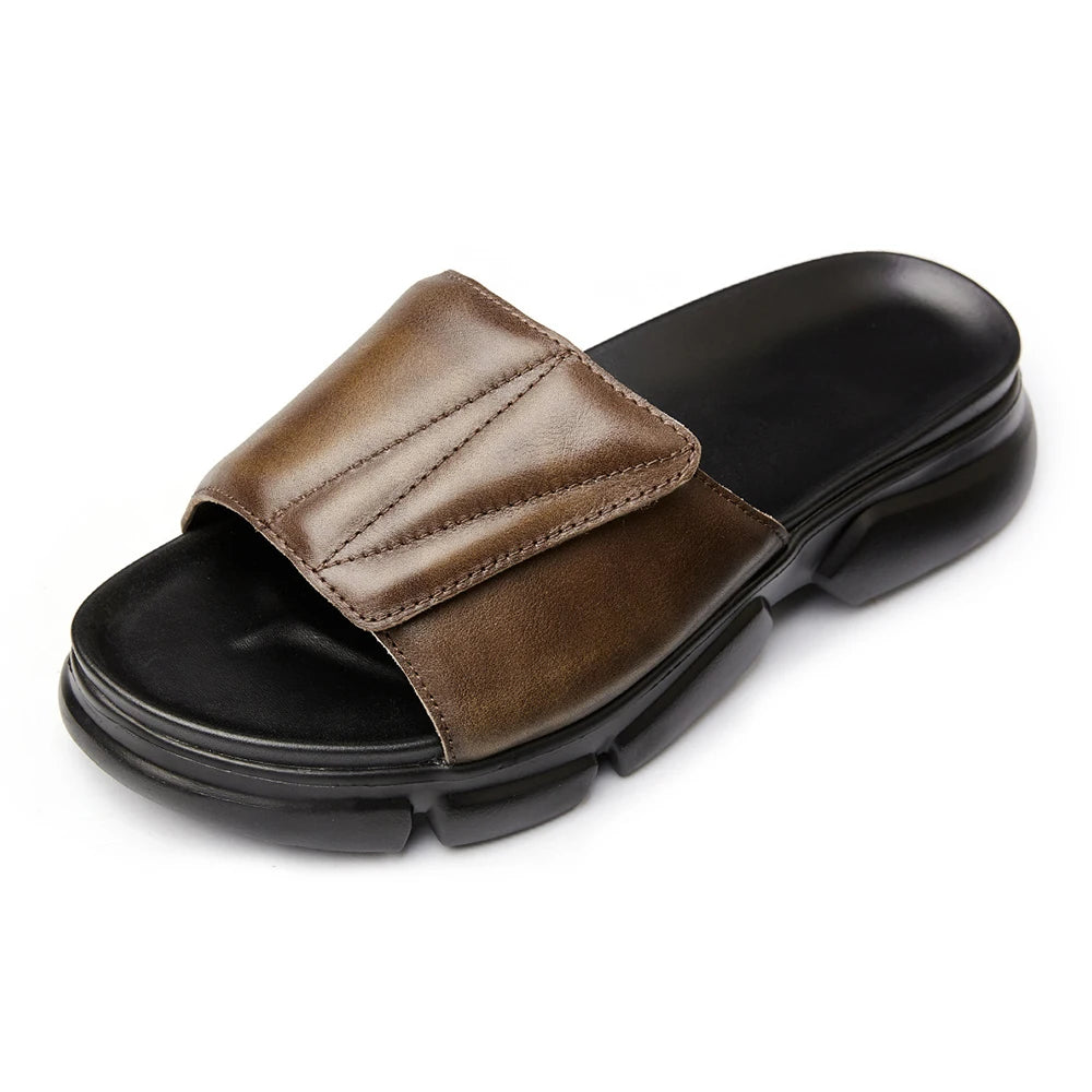 Men's Winter Genuine Leather Slide Sandals Breathable Flip Flops Thick-Soled Anti-Slip Beach Shoes Hook-and-Loop Strap Slippers