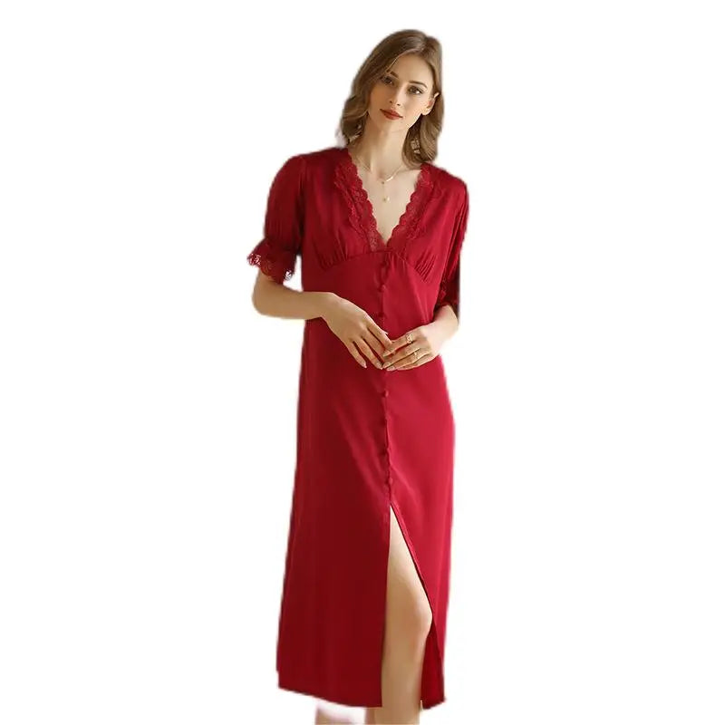 Spring and Summer Bride Wedding Dressing Gown  Sleeved Dress Wedding Ice Silk Court Pajamas Button Slit Lace Nightdress