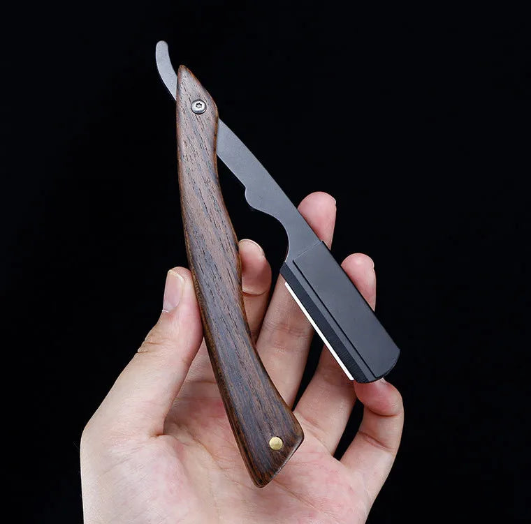 Private Label Folding Manual Razor Facial Salon Men's Beard Cutting Shaving Razors Holder Straight Black Barber Razor