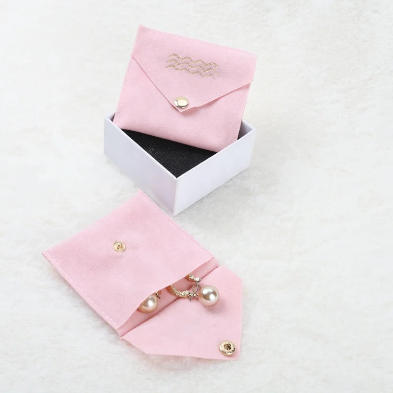 Custom Logo Printed Button Close Suede Envelope Gift Bag Small Pink Suede Jewelry Pouch