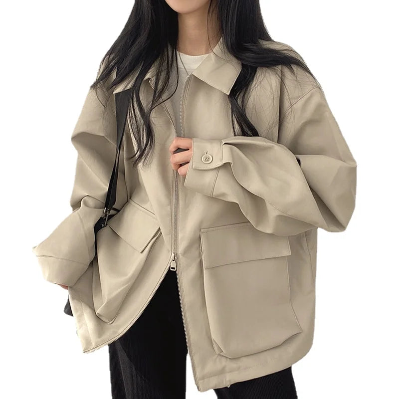 Wholesale 2026 Autumn Retro Polo Collar Large Pocket Zipper Loose Relaxed Long Sleeve Coat Women's Coat