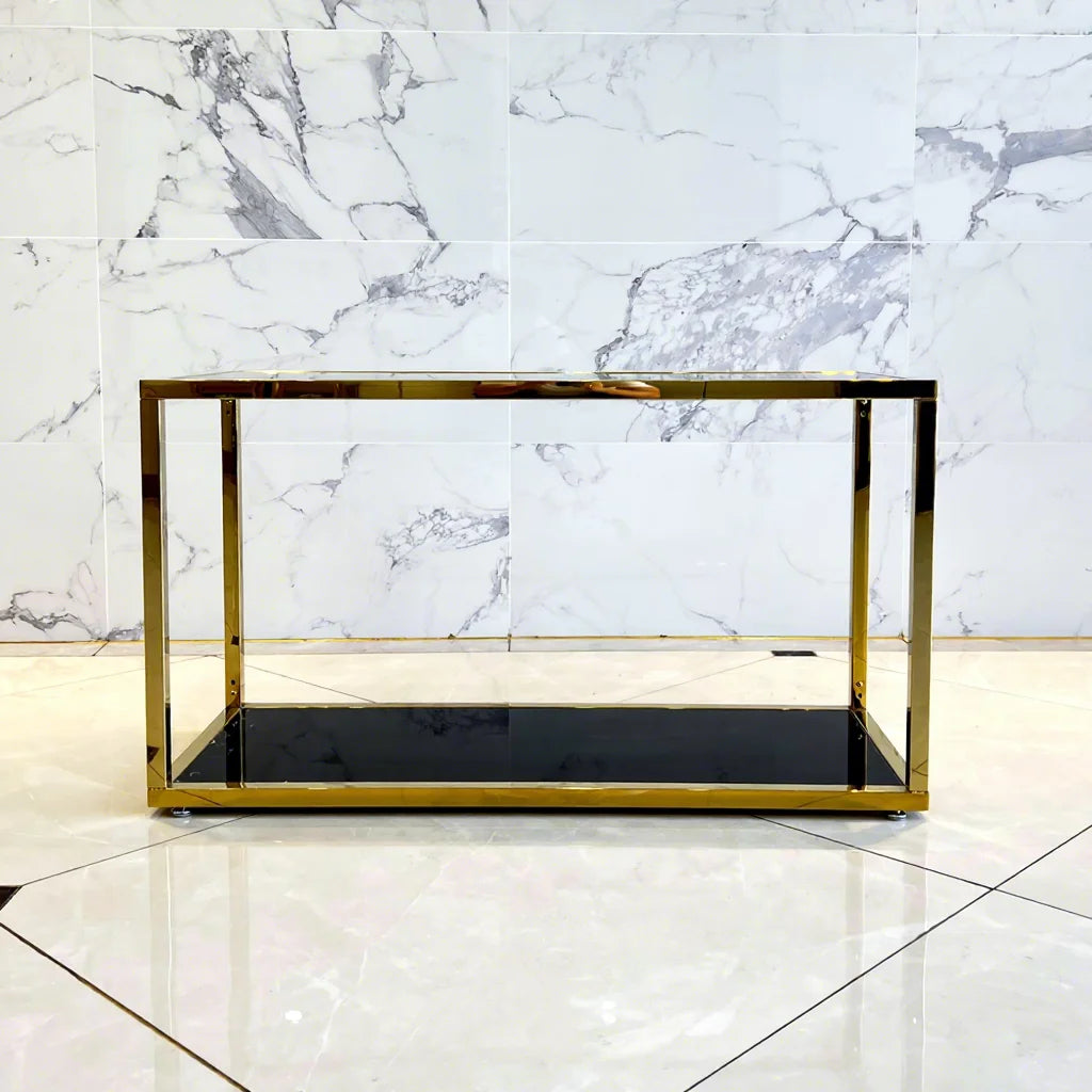 Gold Black 2-Layer Free Standing Stainless Steel MDF for Luxury Shoes Display Rack Easy Assembly for Retail Shops Handbag MegaBDM