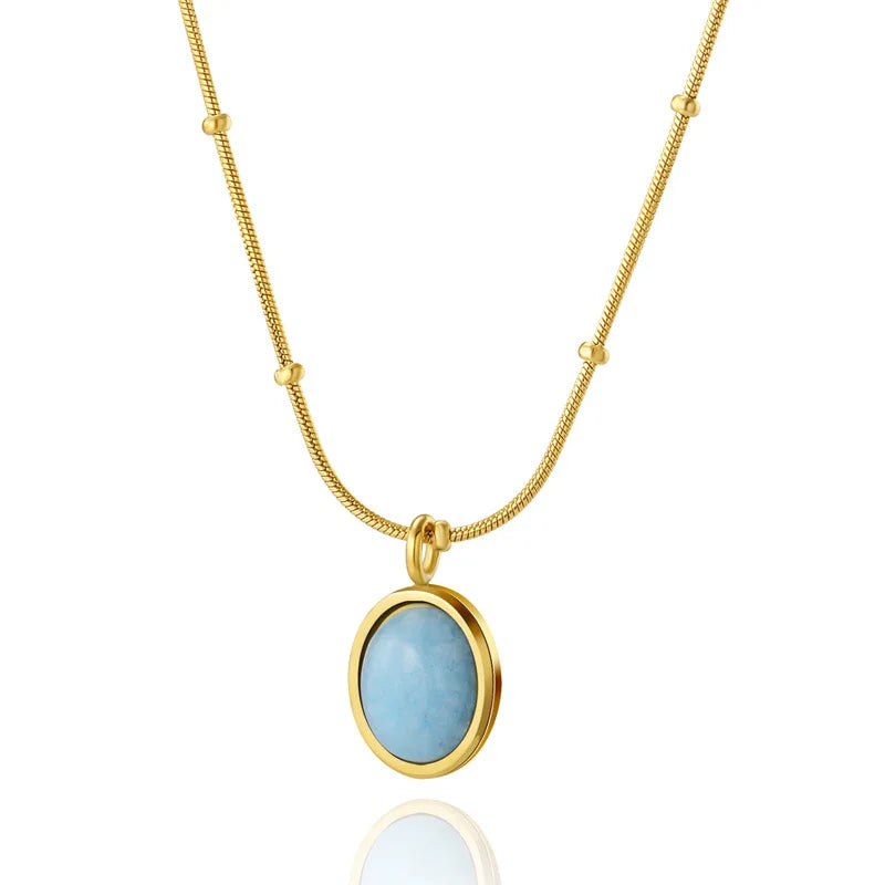 New Fashion Design French Classic Stainless Steel Natural Stone Simple Style Blue Sea Pendant Chain Necklace Women SN22041104