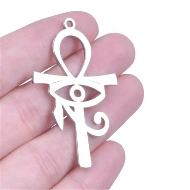 Yiwu Aceon Gold Plated Stainless Steel Laser Cut Religious Pendant Ancient Egyptian Eye of Horus Cross Ankh with Zircon Stone