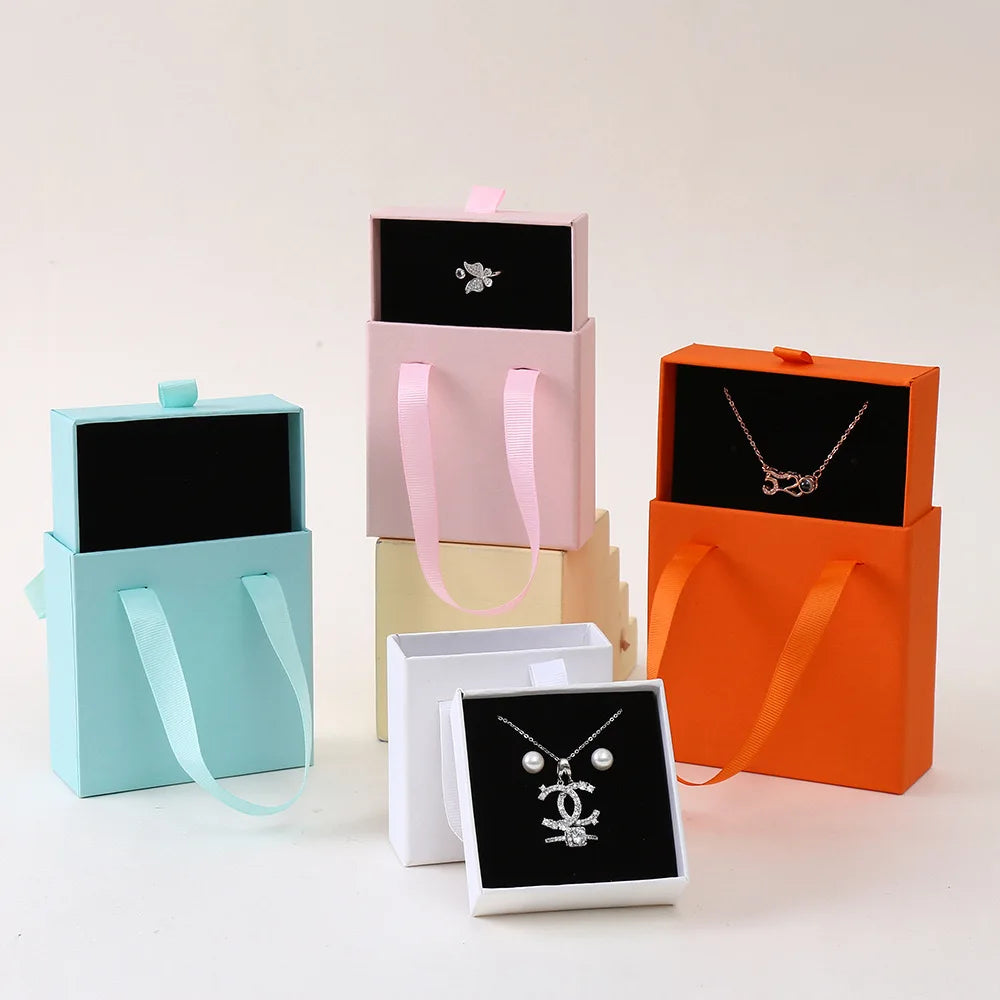 Wholesale Custom Small Gift Slide Drawer Paper Packaging Box Bracelet Earring Ring Necklace Jewelry Box With Handle