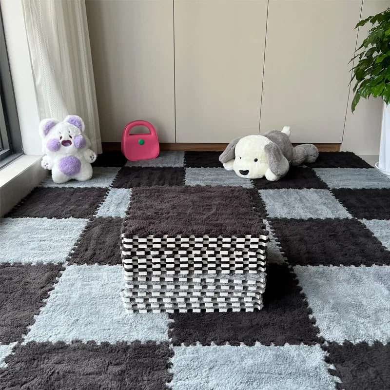 Striped Splicing Plush Carpet Machine Made Whole Foam Floor Mat for Bedroom Girl Room Bedside Living Room Balcony Cut Option
