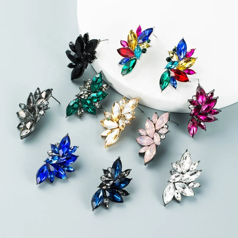 Retro Fancy Cluster Crystal Flower Dangle Earrings Full Inlaid Rhinestone Statement Stud Earrings for Women Girls