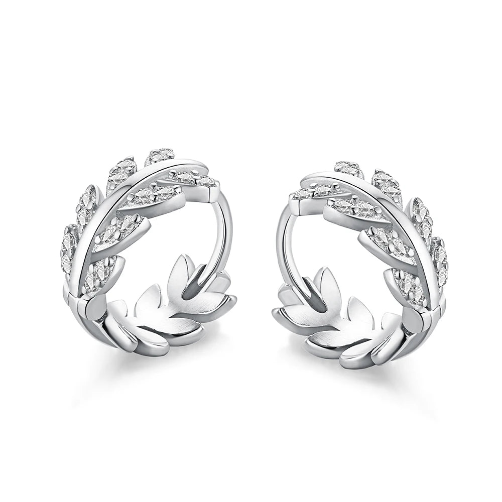 Dylam Crystal Leaf Small Hoop Earrings Sterling Silver Dainty CZ Cartilage Tiny Wedding Huggie Round Hoops Jewelry for Women
