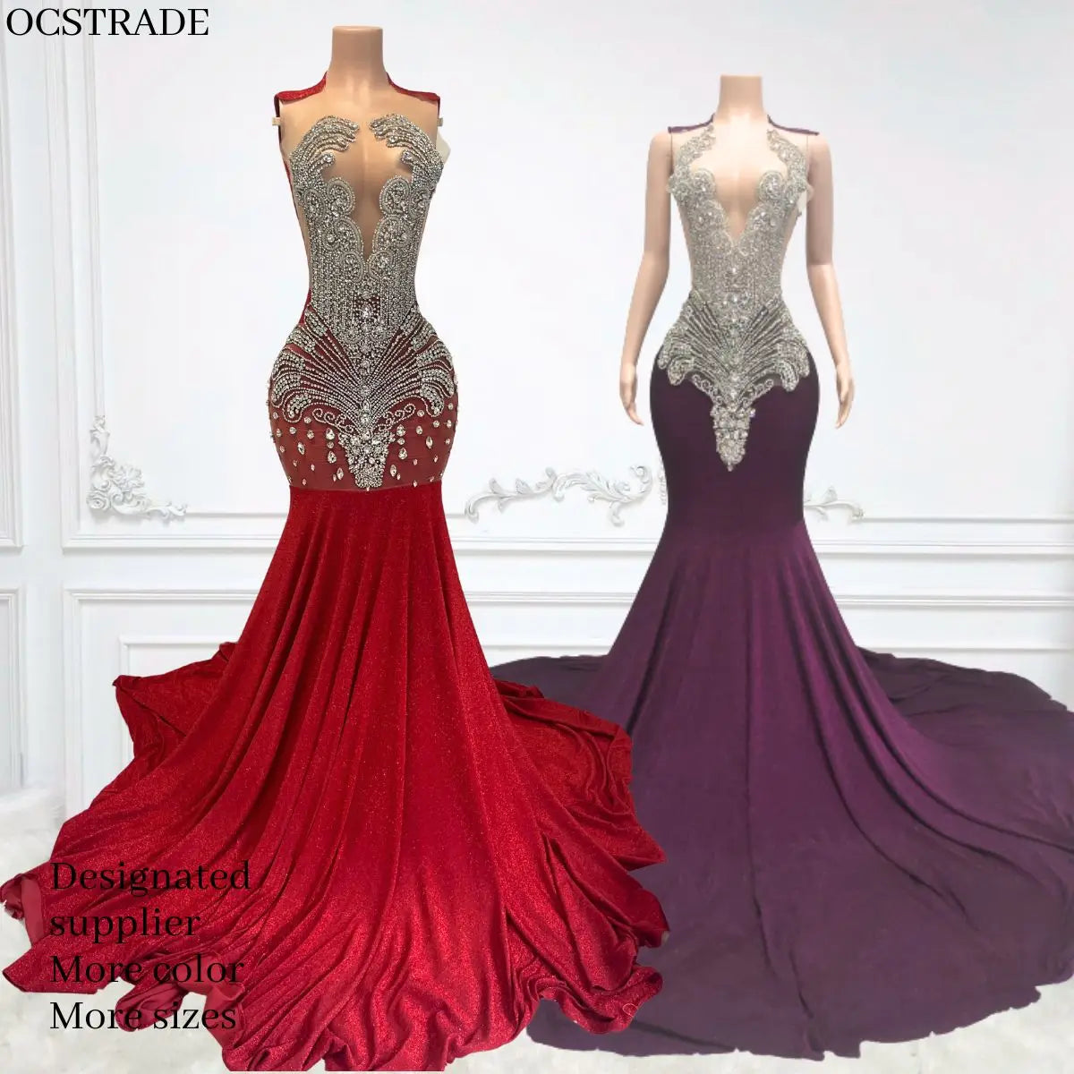 Ocstrade Customized Sexy Backless Long Red Prom Dresses Glitter Diamante Beaded Applique 2025 Black Girls Party Dresses Evening