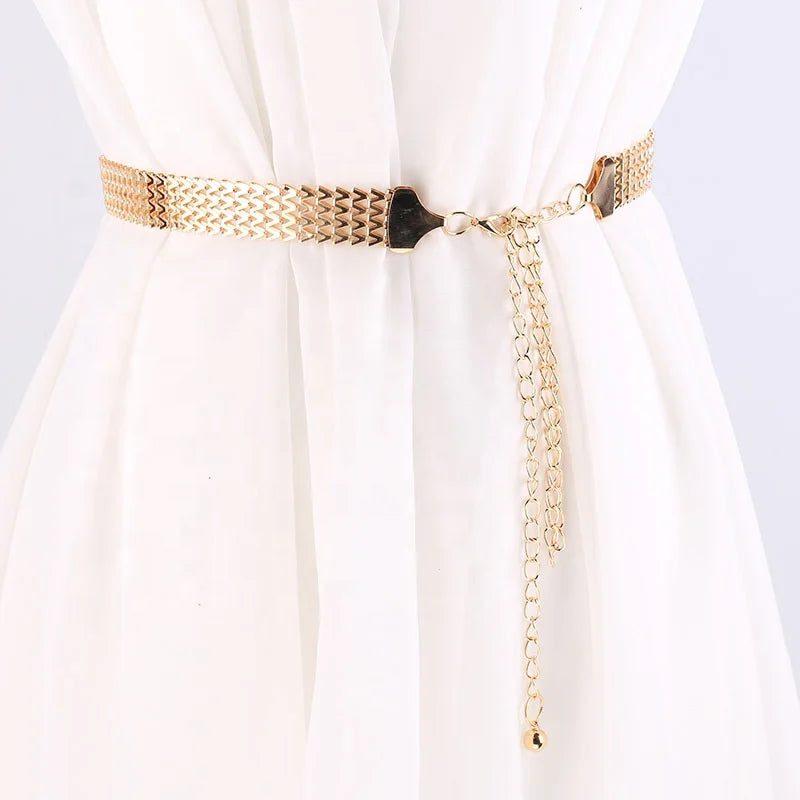 Woven Ladies Wide Metal Belt with Simple Wavy Pattern Chain Decorative Waist Accessory