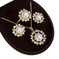 4pcs 18K Gold Plated AAAAA Grade Freshwater Pearl Sunflower Chain Women's Jewelry Set Necklace Earrings Ring Vintage Wedding
