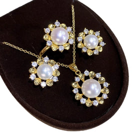 4pcs 18K Gold Plated AAAAA Grade Freshwater Pearl Sunflower Chain Women's Jewelry Set Necklace Earrings Ring Vintage Wedding