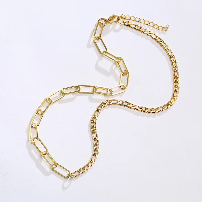 Fashion Chic Stainless Steel Half Figaro Half Paper Clip Chunky Chain Necklace 45+5cm Silver and Gold Men Women