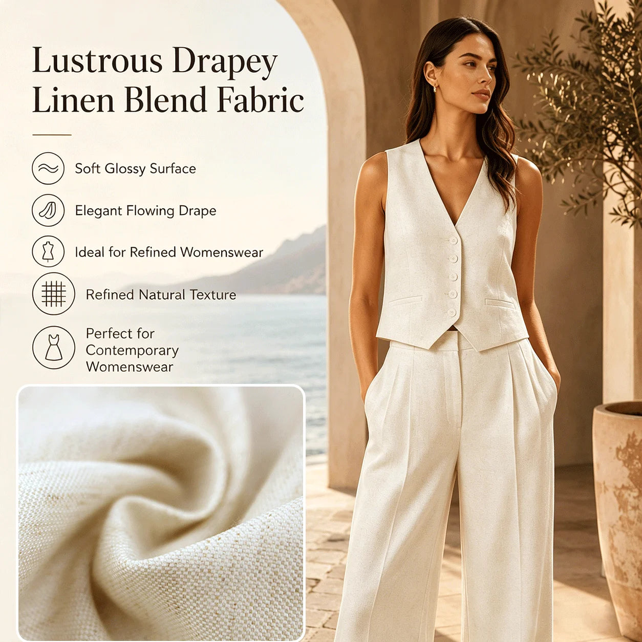 45%Viscose 39%Rayon 16%Linen Slub Blend Fabric Glossy Drapey Woven Fabric for Women Suit Vest Pants Garment 272GSM