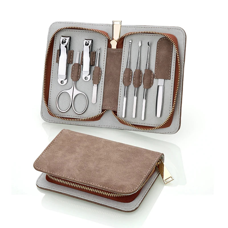 Wholesale Classic Leather Travel Grooming Set 8PCS Manicure & Pedicure Kit Stainless Steel Nail Care Tool
