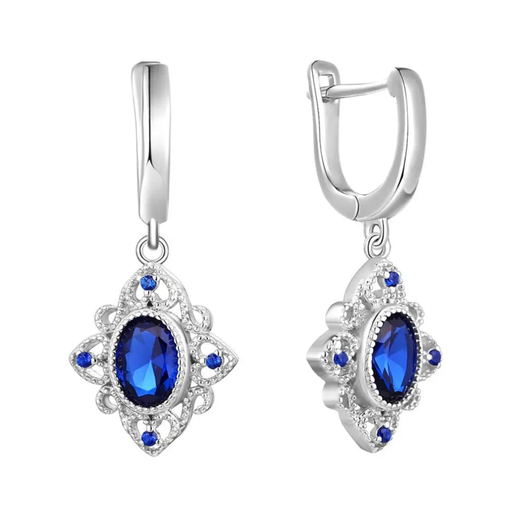 Oval Sapphire Blue and White Dangle Drop Women'S 925 Sterling Silver Wedding Earrings Jewelry