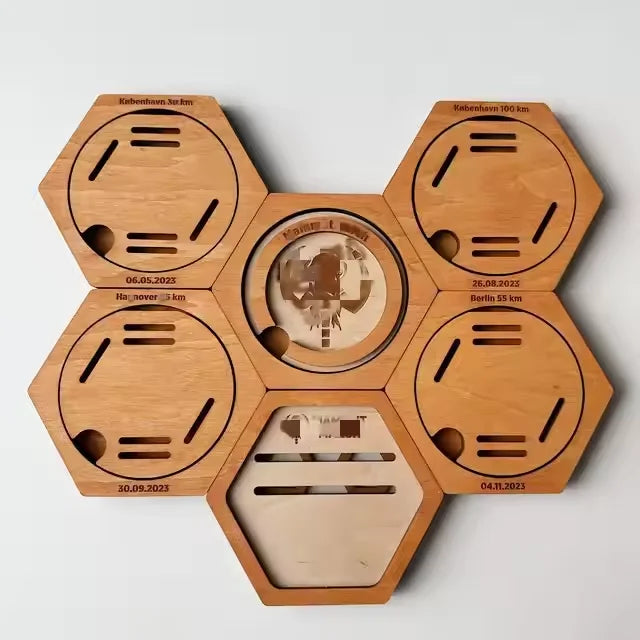 Hot Selling Hexagon Wood Medal Holder Wall Mounted Honeycomb Display for Home Decoration Engraved Pine Wooden Trophy Art Style