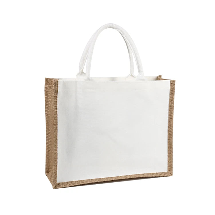 Custom Logo Elegant White Burlap Bag Luxury Beach Tote Cotton Jute Shopping Bag