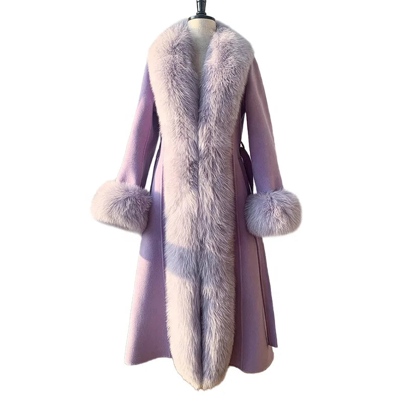 Hot Sale Women Winter Wool Coat Fox Fur Cuff and Collar Cashmere Long Coat
