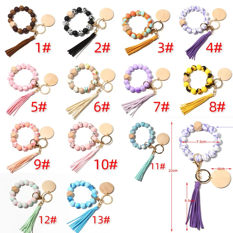 2025 New Design Wholesale Bead Bracelet Wooden Bead Wrist Keychain  Leather Tassel Keyring Silicone  Wristlet Keychain