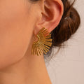 Vintage 18K Gold Plated Stainless Steel Fan-Shaped Circle Line Drop Stud Earrings for Women Fashion Jewelry Gift