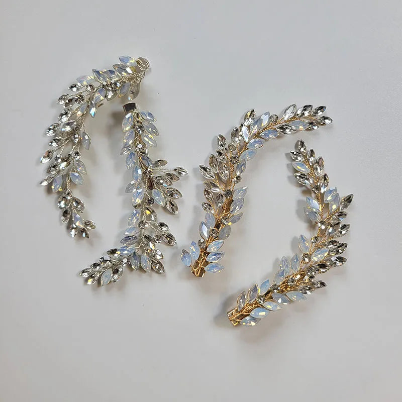 SLBRIDAL Handmade Opal Crystal Clear Rhinestones Wedding Hair Clip Barrettes Bridal Headpieces Hair Accessories Women Jewelry