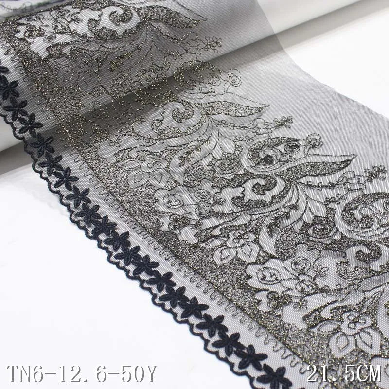 Glittery 21CM Black Nylon Tulle Gold Thread Vivid Flower Embroidery Lace Voile Lace Fabric Trim for Women Abaya Clothing