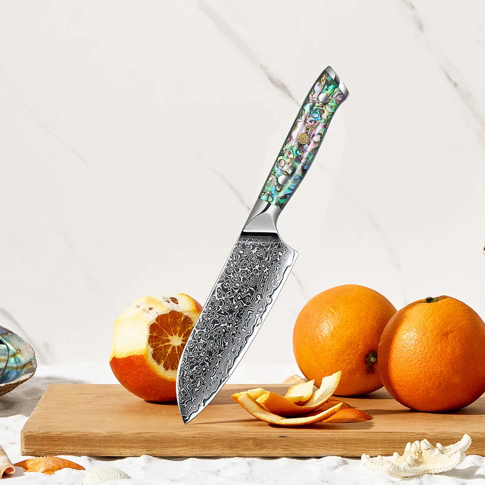 Amber 6 Inch Abalone Resin Handle VG10 Damascus Steel Japanese Santoku Chef Knife