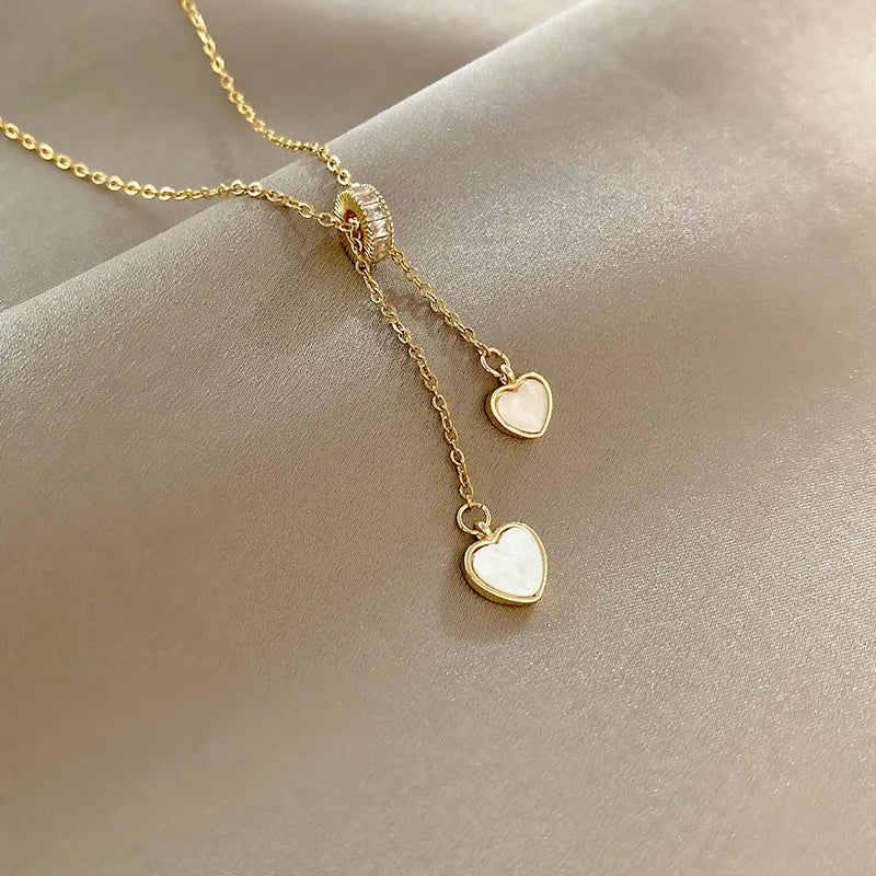 2022 Trendy Gold Plated Titanium Steel Chain Cubic Zircon Circle Necklace Shell Double Heart Pendant Necklace Jewelry