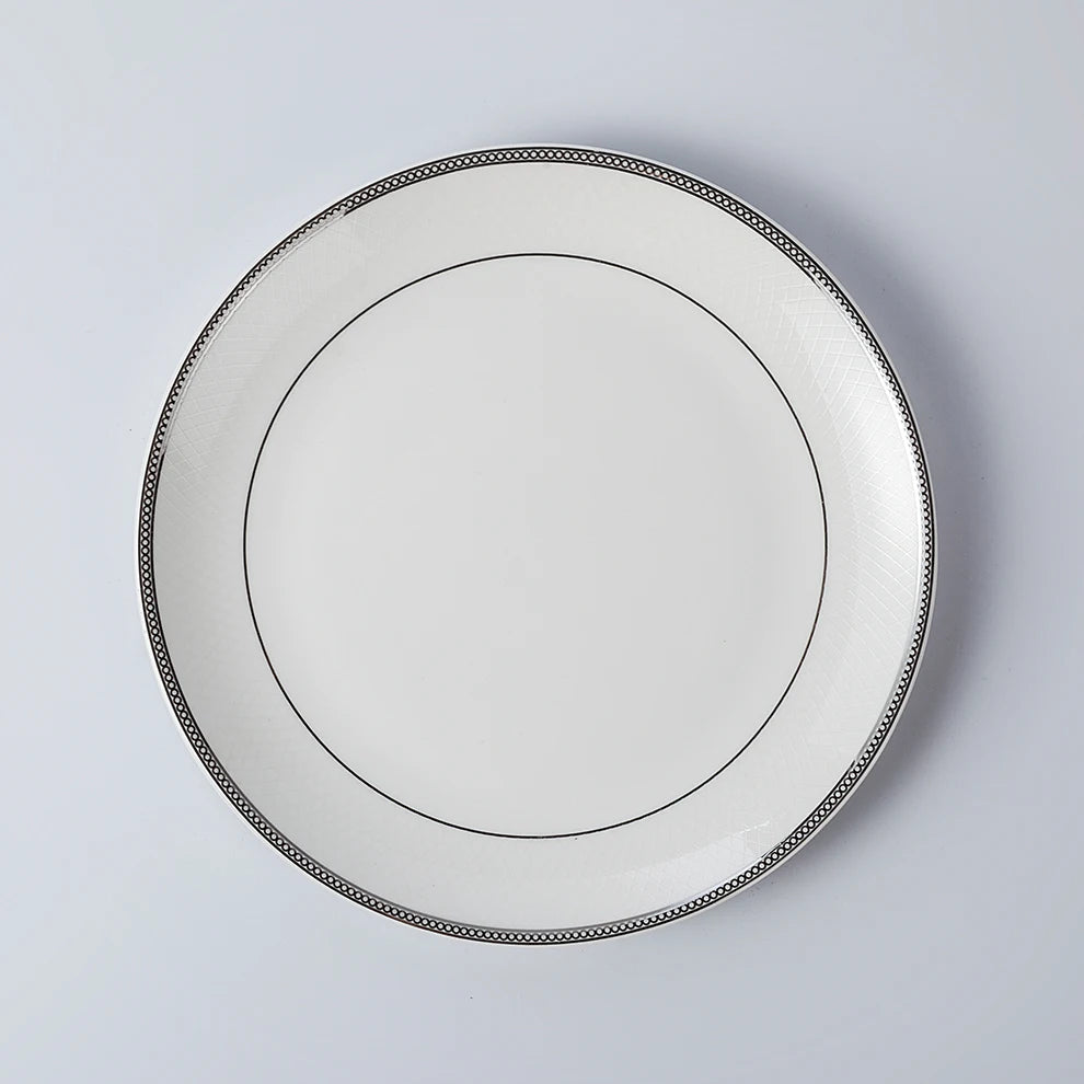2022 New Design Promotion Bulk Silver Rimmed Ceramic Plate 7 8 10 12 Inch Plate Bone China Restaurant Shallow Plate