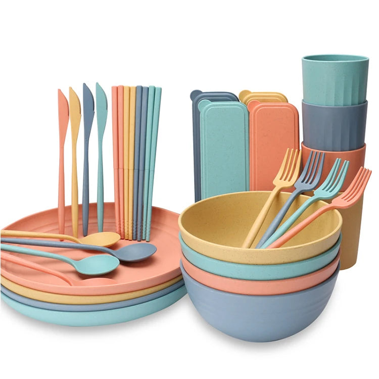 Top Selling Lightweight Unbreakable 32-Piece Dinnerware Set Includes Bowls Cups Dishes and Wheat Straw for Picnic Parties