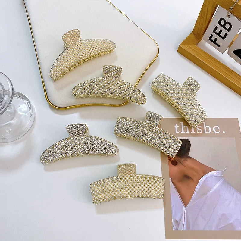 DOWELL New Luxury Hair Accessories Large Metal Rhinestone Shark Clip for Women