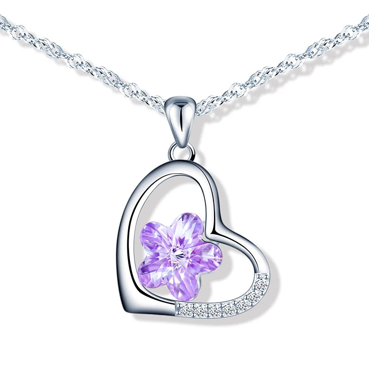 Flower Heart Shaped 925 Sterling Silver Rhodium Plated Zircon Pendant Necklace-Trendy Women's Engagement Wedding Gift Party