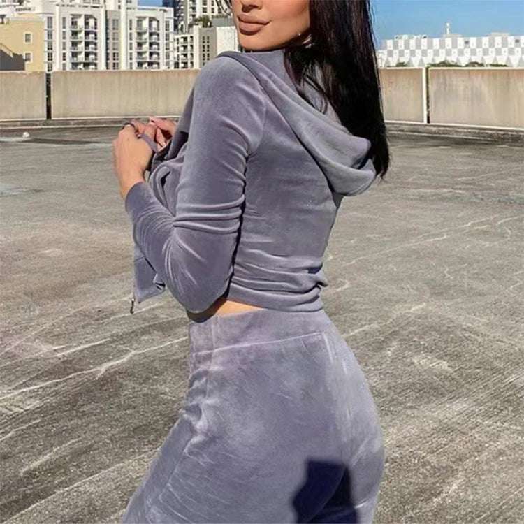 Velvet Tracksuit Wholesale Y2k Women Clothing 2 Piece Rhinestone Hoodie and Flared Pants Set Velour Two Piece Set