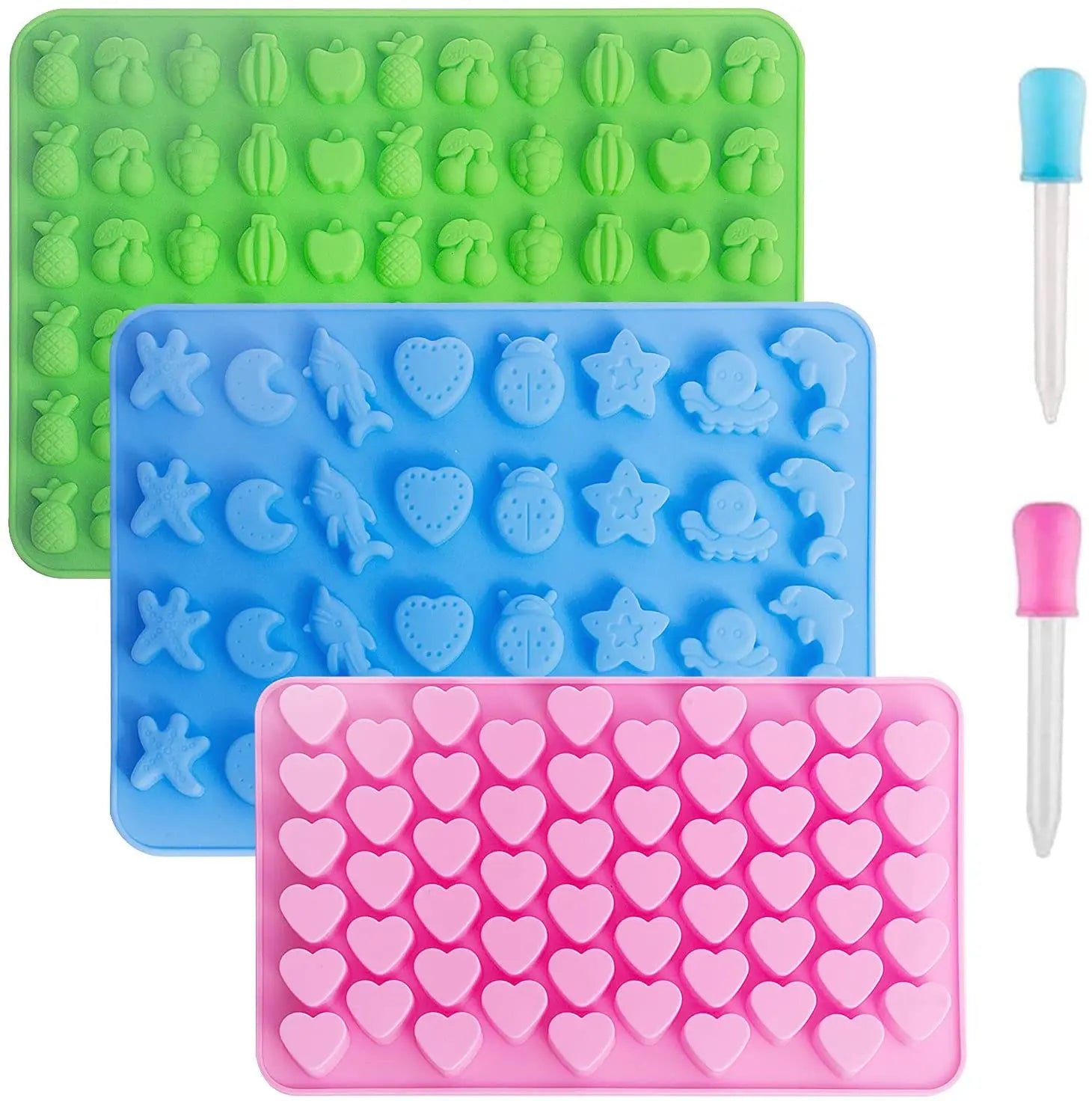 55 Mini Silicone Hearts Gummy Candy Chocolate Molds Includes Small Fruits and Marine Animal Shapes for Cake Tools
