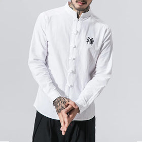 M-5XL Chinese Style Standing Collar Long Sleeved Shirt With Ancient Style Single Button Zen Style Solid Color Shirt