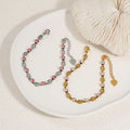 18K Gold Plated Trendy Stainless Steel Charm Chain Bracelet with Clear Pink Zircon Claw Set & Heart Pendant for Women
