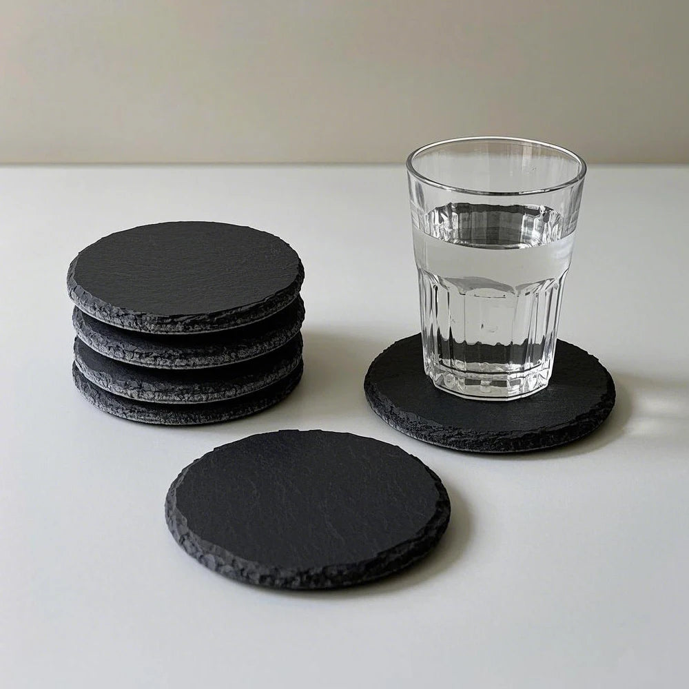 Wholesale Custom 4" Black Bulk Round Thin Whisky Tea Cup Slate Stone Coasters with Feet for Drink
