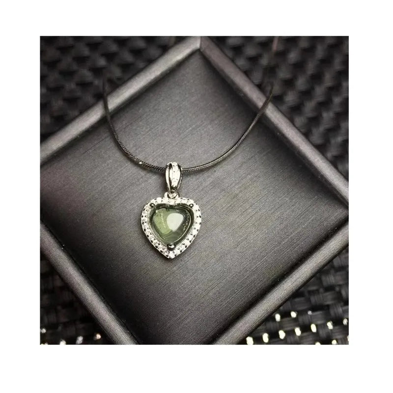 925 Silver Fine Jewelry Crystal Healing Stone Natural Czech Meteorite Heart Shaped love Pendant for Prevent Negative Energy