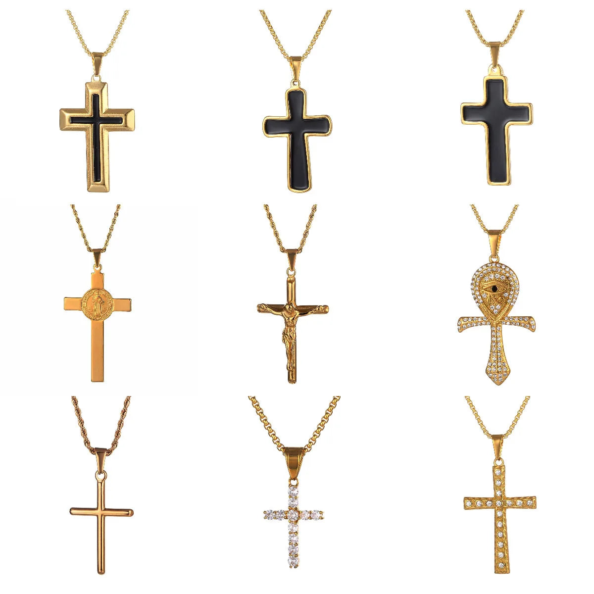 Custom Bling Diamond Zirconia Cross Pendant Necklace for Men 18k Gold Plated Stainless Steel Cz Crystal Crucifix Cross Necklace
