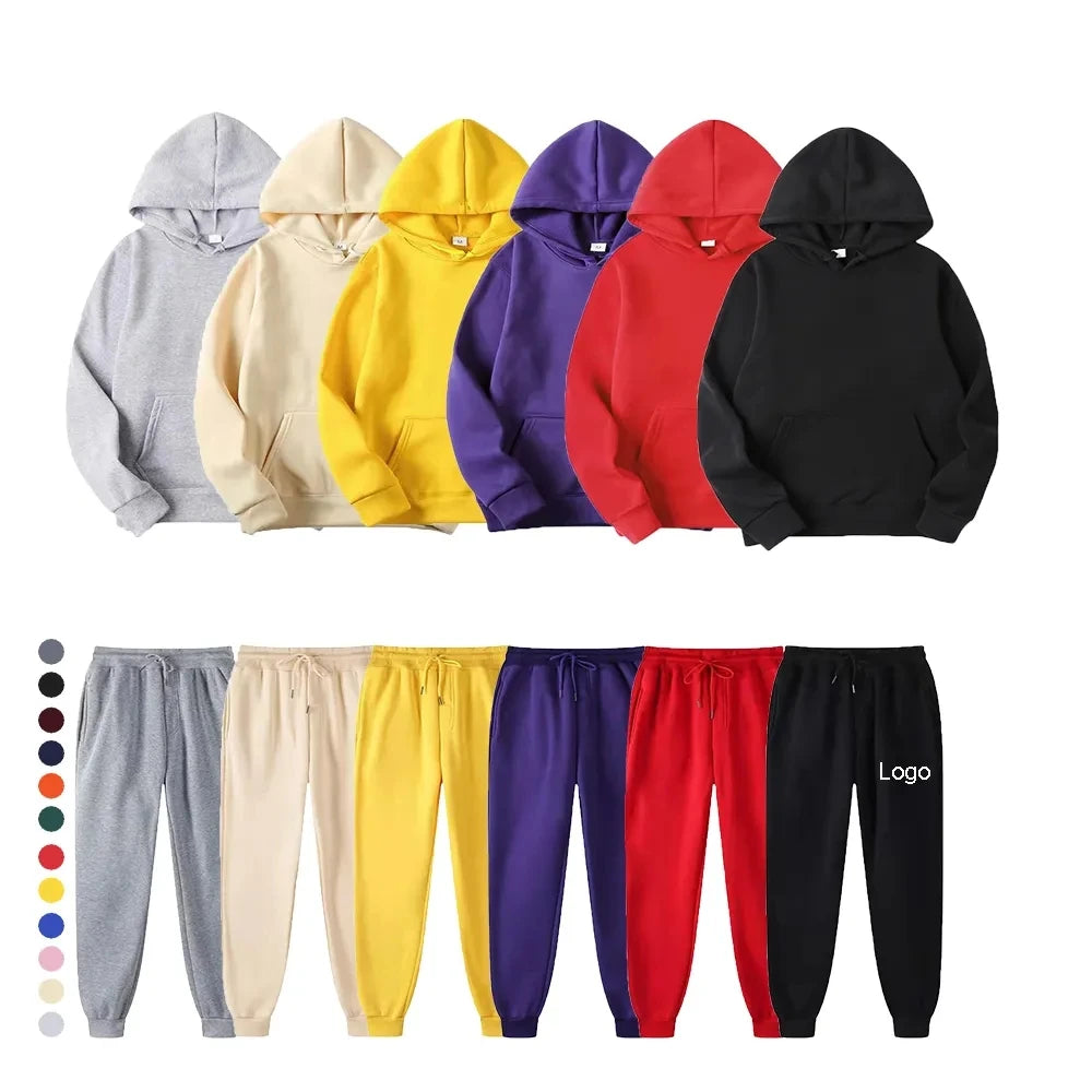 Custom Printing Logo Slim Fit Long Men's Sport Wear Unisex Sweatpants Hoodie and Sweatshirt Jogger Set for Men