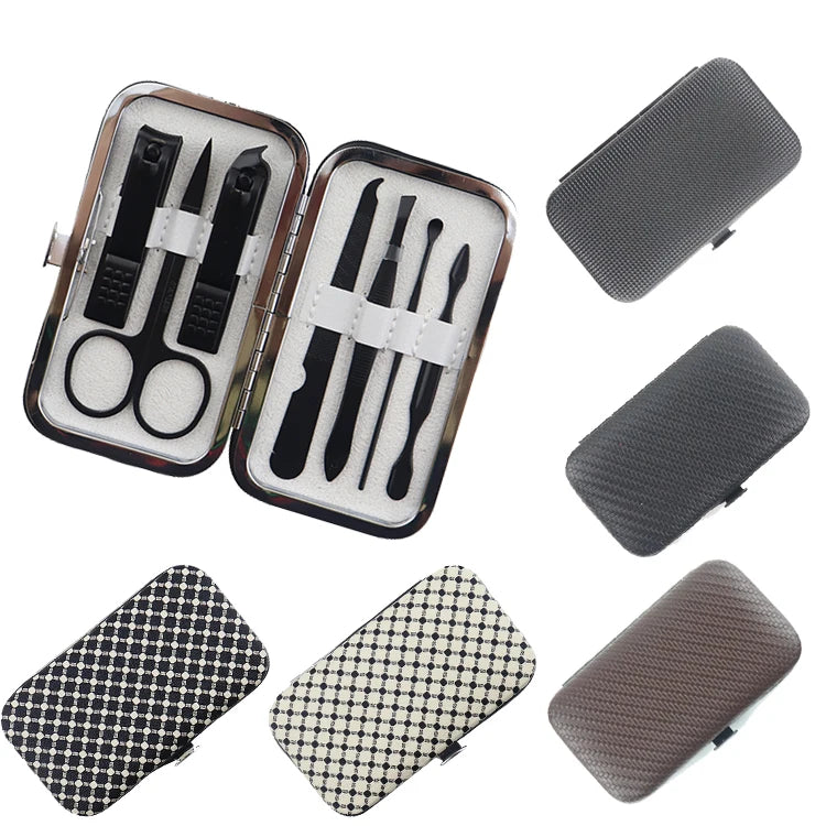 7pcs Black Stainless Steel Nail Clipper Cutter Trimmer Kit OEM Logo Manicure Pedicure Set Ear Pick Grooming Box Beauty Use