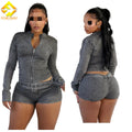 Retro Gray New Fashion Stretchy Casual Denim 2 Piece Sets 2025 Women Long Sleeve Zip Crop Top Matching Belt Shorts Outfits