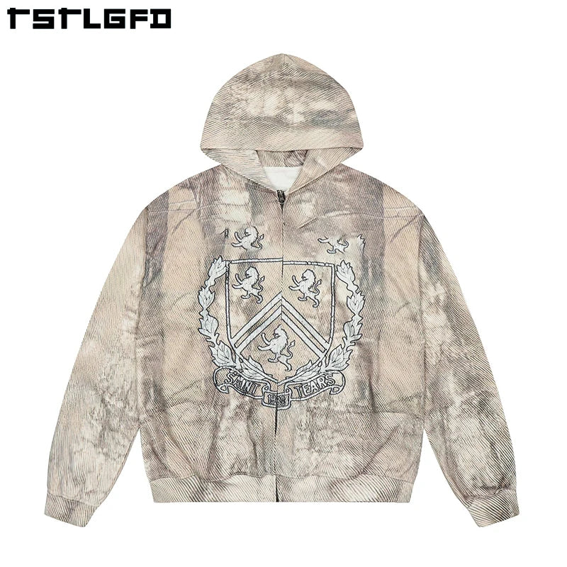Custom Streetwear Oversized Acid Stone Washed Distressed Hoodie Sun Faded Zip up 100% Cotton Autumn Men