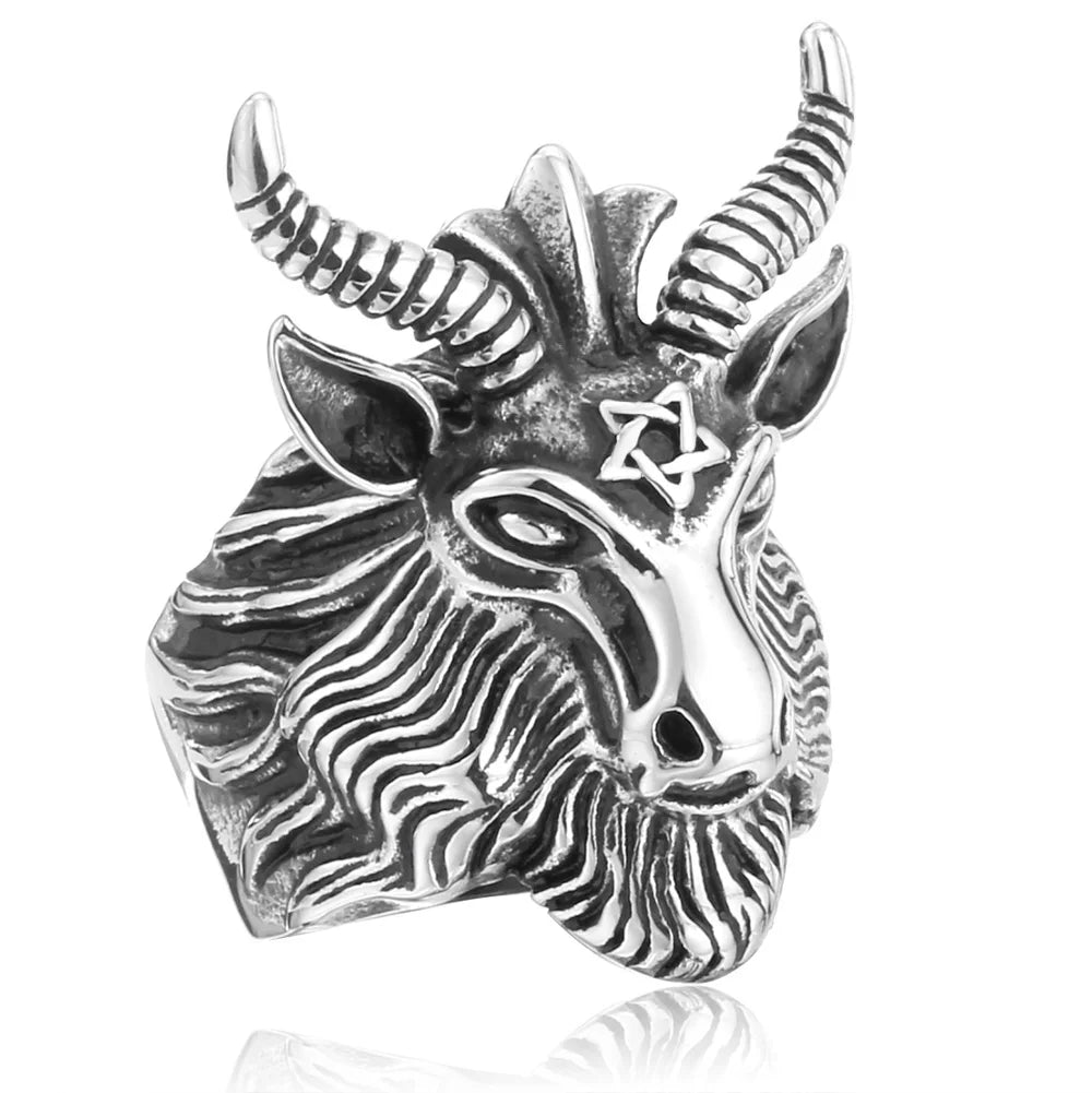 SS8-182R Fashion Big Sheep Goat Horn Head Ring Satan Worship Baphomet Aries Zodiac Wicca Star Rings for Men Jewelry