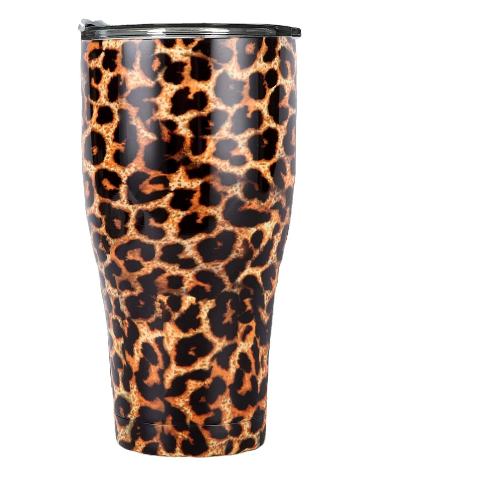 30 Oz. Double Wall Stainless Steel Leopard Tumbler Vacuum Insulated Eco-Friendly Dishwasher Safe Crystal Clear Lid Custom Logo