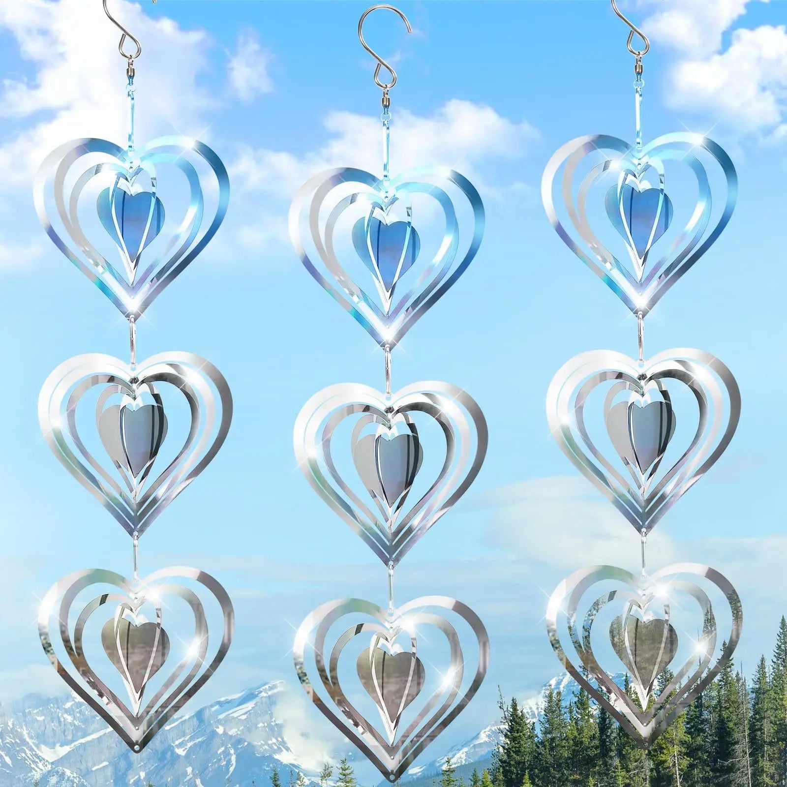 C106 Garden Decor Wind Spinners Hanging Mirror Decor 3D Bird Deterrents for Outside Stainless Steel Reflective 3D Disposable